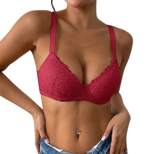Generisch Brasier push-up para mujer, color rojo, con encaje, fino, cómodo, transpirable, con aros, sujetador de tres filas, ropa de dormir para mujer, rojo, 90B