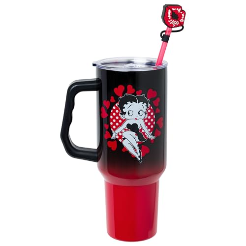 Image of Silver Buffalo Betty Boop Core Cute Sitting Pose Hearts and Dots Stainless Steel Tumbler with Straw Cover Cap, Lid, Straw and Handle - 40 oz