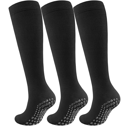 Blicount Cotton Compression Socks for Women&Men with Grips Non Slip 15-20 mmHg Knee High Graduated Hospital Sock for Nurse, Pregnancy, Travel, Yoga, Black