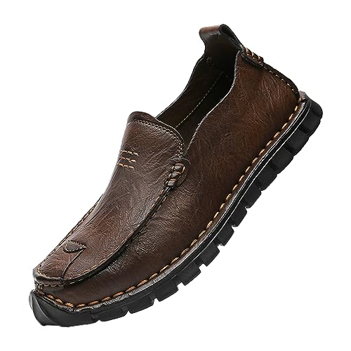 Men's Stylish Hand Stitched Leather Loafers Slip On Comfortable Soft Sole Moccasin Boat Shoes Stylish Casual Driving Dress Flats for Business