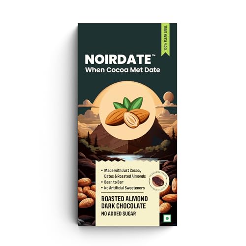 Image of NoirDate Roasted Almond Dark Chocolate - 75g, Bean to Bar, Sweetened with Dates, Refined Sugar Free, Clean Label, Healthy & Guilt-Free, Vegan, Rich in Antioxidant (Pack of 1)