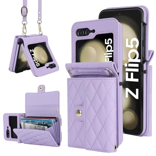 Porte-cartes pour Samsung Z Flip6 étui en cuir violet avec long cordon amovible