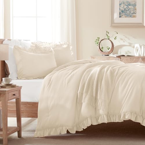 Image of Andency Beige Comforter Set Queen Size, 3 Pieces Shabby Chic Ruffle Bedding Comforter Sets for Queen Bed, Lightweight Fluffy Soft Microfiber Farmhouse Comforter Set