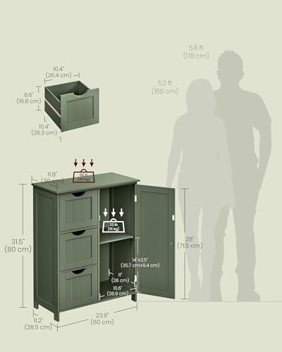 Image of VASAGLE Bathroom Floor Storage Cabinet, 3 Drawers, Forest Green