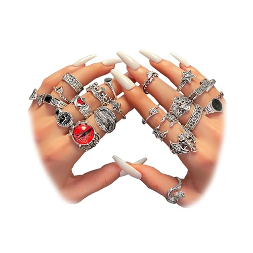 Image of IFKM Vintage Silver Knuckle Rings Set for Women, Stackable Joint Finger Statement Rings Bohemian Retro Hollow Carved Midi Rings, Boho Halloween Skeleton Skull Snake Heart Chunky Stacking Rings Pack