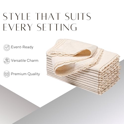 Ramanta Home Cloth Dinner Napkins in Cotton Flax Fabric with Lace & Tailored Mitered Corners - 20x20 Inches (Set of 4, Natural)