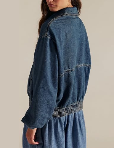 Womens Denim Jackets Long Sleeve Zip Up Elastic Hem Classic Loose Jean Bomber Jacket Outfit2