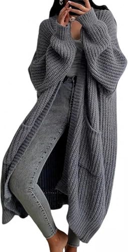 Kenhansion Womens Long Cardigan Sweaters Oversized Open Front Knit Chunky Warm Sweater Coat Fall Winter Knee Length Outwear (Dark Grey,Large)