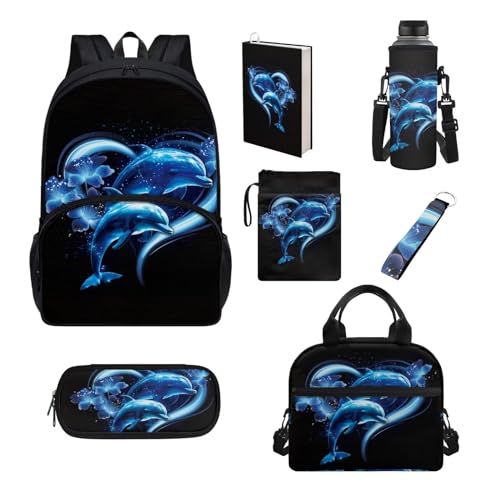 Set di 7 pezzi zaino per scuola elementare primaria sencondaria ragazze ragazzi bookbag borsa pranzo astuccio Delfino Taglia unica Set di zaini per la
