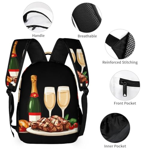 Steak Chicken Champagne Dinner Printed Backpack with Lunch Box Bag Pencil Case Pouch 3pcs Daypack Set for Women Men3