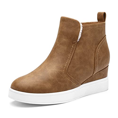 DREAM PAIRS Women’s Slip on High Top Wedge Sneakers Hidden Heel Platform Wedgie Ankle Booties 8 Tan/Pu