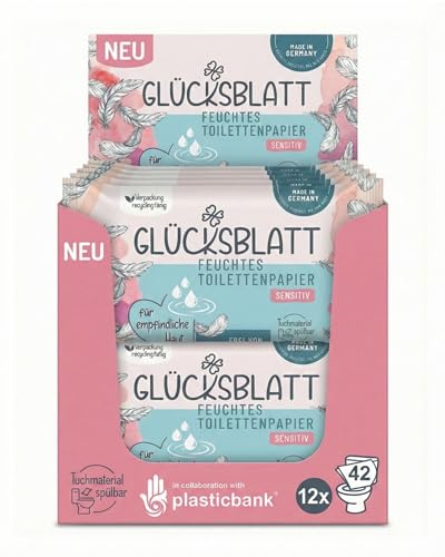 Glücksblatt feuchtes Toilettenpapier Sensitiv 12 Packungen mit je 42 Tüchern ohne Duft- und Farbstoffe parfümfrei dermatologisch getestet für empfindliche Haut sanfte Pflege