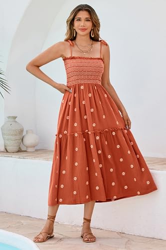 Image of R.Vivimos Womens Summer Cotton Boho Midi Dress 2026 Spaghetti Strap Floral Embroidered Smocked Tiered Flowy Long Dresses