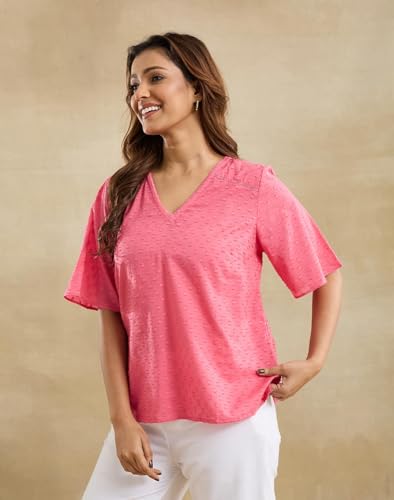 Haut en coton rose vêtement été col V texture Dobby - 3