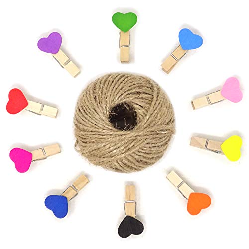 HONBAY 50PCS 35cm Mini Heart Shaped Wooden Clothespins Colored Craft Clips with 100 Feet Natural Jute Twine for Wedding Party Decoration