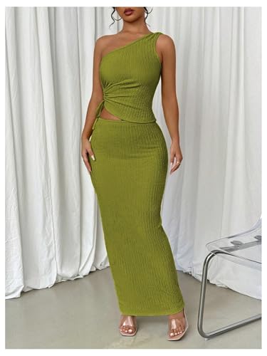 Floerns Women's 2 Piece Outfit Drawstring One Shoulder Tank Top Bodycon Long Skirts Set2