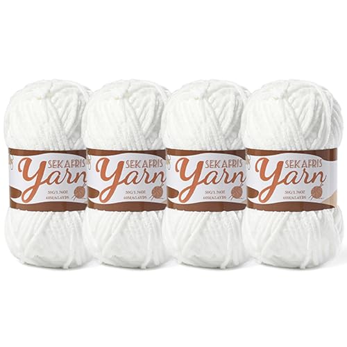 Image of 4 Pack Fluffy Velvet Yarn for Crocheting，Baby Blanket Yarn for Crocheting Soft，200g(262.4yds) Amigurumi Yarns，Plush Chenille Crochet Yarns，Puzzle Yarn for Crochet Weaving Craft(4 Snow White)