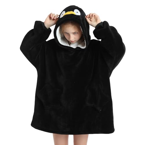 Markdang Wearable Blanket Hoodie for Kids 29.5”Comfy Black Sherpa Hooded Oversize with Penguin Hood Cute & Star Pocket Sweatshirt Blanket for Kids Indoor & Outdoor