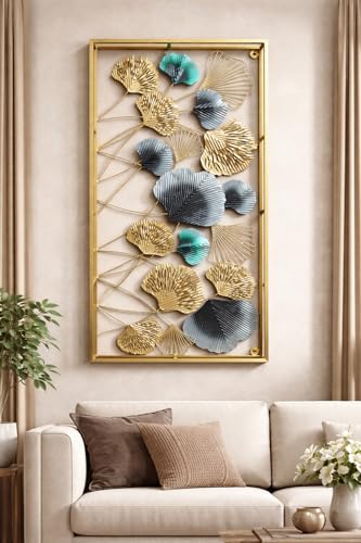 Image of F-RIQA METAL Luxury Metal Leaf Wall Art (20 x 40 Inch) - Gold & Blue Floral Wall Hanging Decor for Living Room, Bedroom & Office