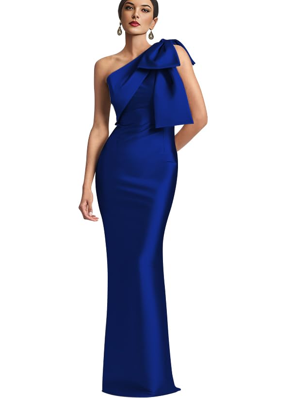 Image of IIF One Shoulder Bow Prom Dress for Women Mermaid Satin Formal Dresses Long Bodycon Evening Cocktail Gowns IIF043