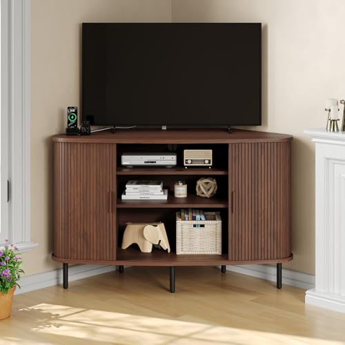 Lefurture 47 Inch Corner TV Stand for 55 Inch TV Fluted Corner Entertainment Center with Storage Power Outlet Sliding Doors Adjustable Shelves Mid Century Modern TV Media Console Cabinet Walnut