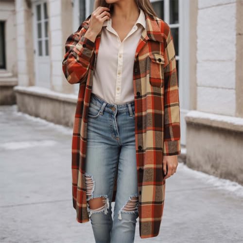 XINGJIAARTS Fall Jackets For Women Trendy Plaid Shacket Long Flannel Shirt Jacket Lapel Button Down Cardigan with Pockets Brick Red Medium - image 2