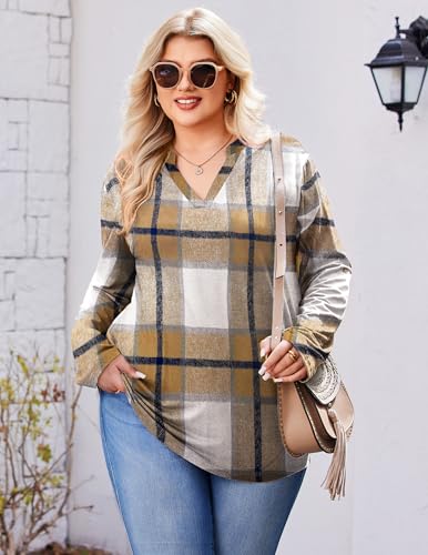 IN'VOLAND Womens Plus Size Long Sleeve Tops V Neck Plaid Roll Up Shirts Basic Casual Work Blouses2