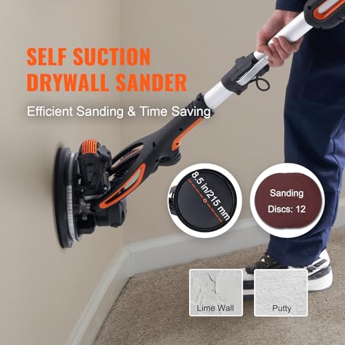 Image of VEVOR Wall Smoother, 900W Electric Tool with 12 Sanding Discs, 800 to 1800 RPM Speed, 3 Vacuum Hoses, Collapsible for Ceiling Use, Dual LED Lights, Telescoping Handle, and Built-in Dust Collector