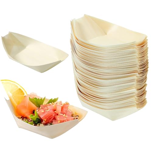 Roontin Lot de 50 assiettes jetables en bambou pour aliments, assiettes en bambou écologiques, bols pour amuse-bouches en bois, assiettes en feuille de palmier, bateaux de service en bambou