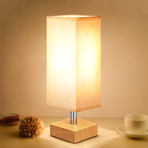Image of Wood-Grain Small Bedside Lamp for Bedroom - Square Cream Fabric Shade | Inline Rocker Switch, Corded Electric, Bulb Not Included, 12.8 inch Mini Table Lamp for Nightstand, Desk, Dorm, Office