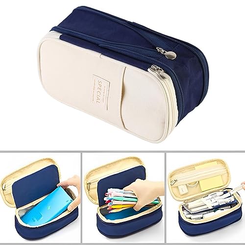 Image of Big Capacity Kawaii Pencil Case, Durable Storage Multiple Compartment Double Zipper Portable Capacity Pencil Pouch for Student Kids (Navy Blue)