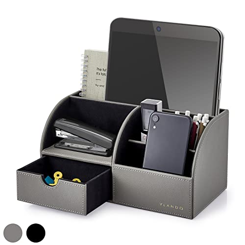 Vlando Office Desk Organizer Leather Desktop Organizer Caddy with Drawer for Storing Desktop Supplies and Accessories (Grey)