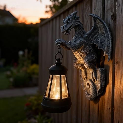 Solar-Powered Dragon Statue Outdoor Decoration - 9-inch Garden Decor with Solar Light Waterproof Wall Hanging Resin Sculpture Patio/Garden Decoration Gift