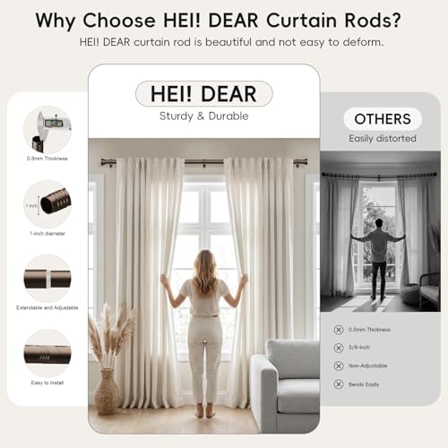 HEI! DEAR Bronze Curtain Rods for Windows 72 to 144 Inch(6-12ft),1 Inch Heavy Duty Curtain Rods,Adjustable Long Curtain Rod,Modern Single Drapery Rods,Telescoping Window Curtains Rods 30-144",Brown by hei! dear - Used condition - Image 6