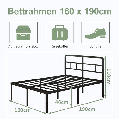 Lutown-Teen Metallbett 160 x 190 cm mit Kopfteil, 46cm Hoch Bettgestell – Ansicht 2