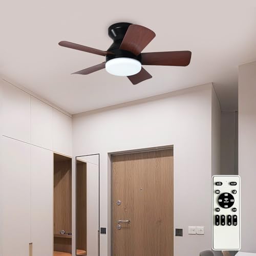 Image of Depuley Modern Ceiling Fan with Light: 25-Inch Black Small Fans for Bedroom Indoor Outdoor - Dimmable Low Profile Ceiling Fans with Remote Control Flush Mount 5 Reversible Walnut Blades 6 Speeds Timer