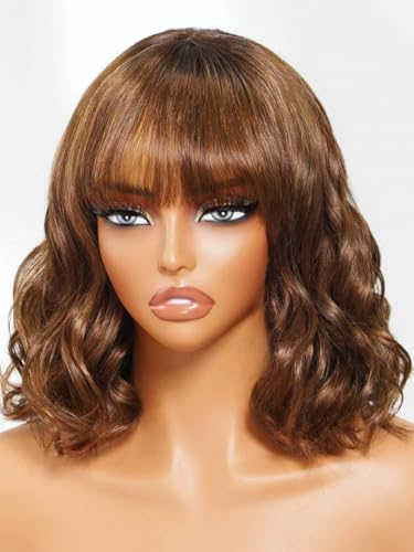 Image of Beauty Forever Bob Wig Human Hair with Bangs Loose Body Wave Glueless 4x2 HD Lace Chestnut Chocolate Brown with Highlight Pre Plucked Bob Wear and Go Short Wigs Beginner Friendly 150% Density 14inch