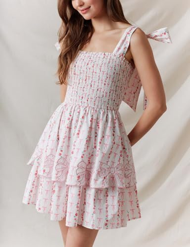 Image of Women Tie Shoulder Mini Dress Floral Ruffle Babydoll Dress Boho Square Neck Sundress Cute Summer Dresses