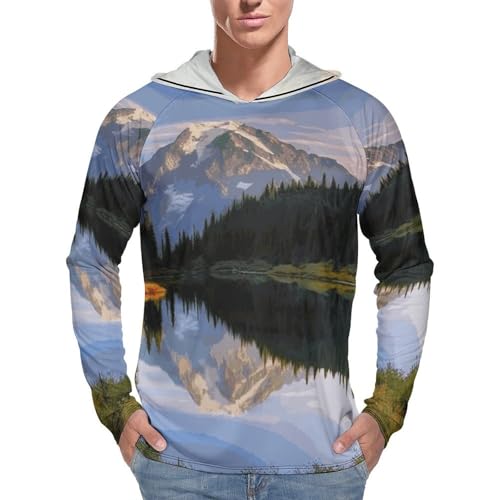 Men's Sun Protection Hoodie Shirts UPF 50+ Long Sleeve Rash Guard Mountain and Lake Pictures Sun Shirt Outdoor