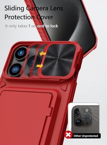 Image of Vihibii for iPhone 15 Pro Max Wallet Case with Card Holder (4 Cards) & Slide Lens Protective Cover & Kickstand & Raised Edges Protection, Shockproof Back Cover for iPhone 15 Pro Max 6.7 inch, Red