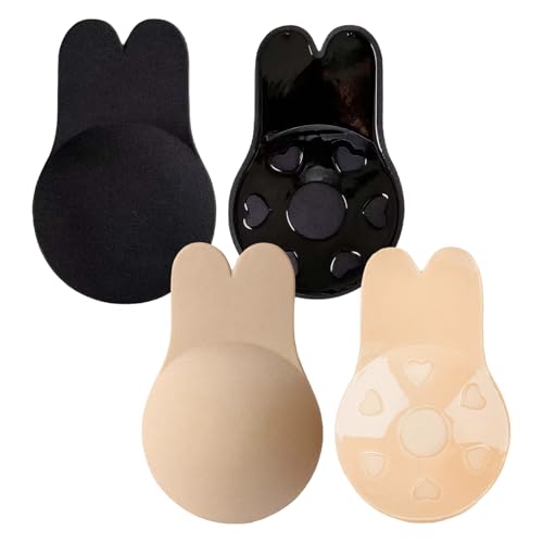 2 Pairs Invisible Lift Up Bra,Push Up Adhesive Bras,Rabbit Ears Sticky for Large Breasts,Reusable Breast Covers for Strapless Dress Lift,for Different Outfits and Occasions (Black,Skin Color)