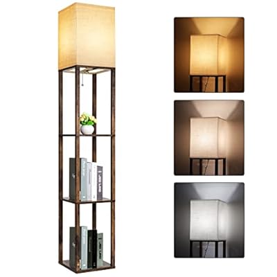 RUNTOP Floor Lamp with Shelves, Modern Shelf Lamp for Display Storage, 3 Color Temperature Wood Narrow Standing Corner Lamp with 8W Bulb for Living Room Decor, Bedroom, Office, Home Decor(Brown)