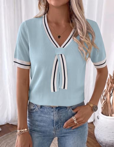 Image of Libsorge Womens Lightweight Cute Bow Tie Sweater Spring 2026 Business Casual Outfits V Neck Short Sleeve Tops