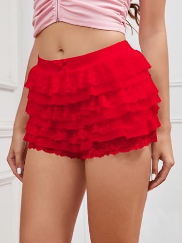 Image of Women Y2K Lace Multi-Layered Bloomers Lolita Ruffle Shorts Cute Mini Skirt | Tiered layers, elastic waist, pumpkin pants, for rave party /country concert /festival