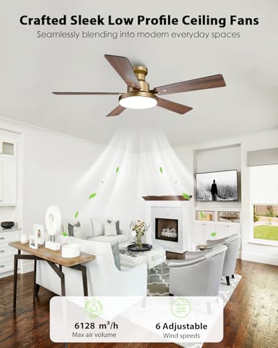 Image of 52 Inch Low Profile Gold Ceiling Fan with Lights, Smart Remote & APP