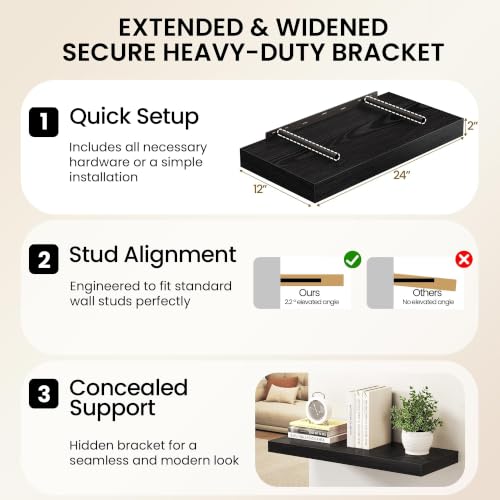 Image of Fun Memories 48 Inch Floating Shelves, 12 inch Deep Wall Shelves with Invisible Brackets, 2 Pack, Black