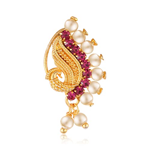 Vighnaharta Red CZ stone and Pearls moti Nath Nathiya./ Nose Pin for women[VFJ1172-1080NTH-PRESS-RED]