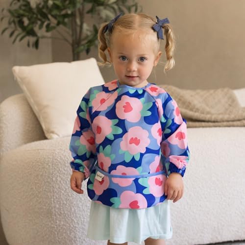 Image of Tiny Twinkle Mess Proof Baby Bib, Cute Full Sleeve Bib Outfit, Waterproof Bibs for Toddlers, Machine Washable, Tug Proof Closure, Baby Smock for Eating, Long Sleeve (Floral Blue, Large 2-4 Years)