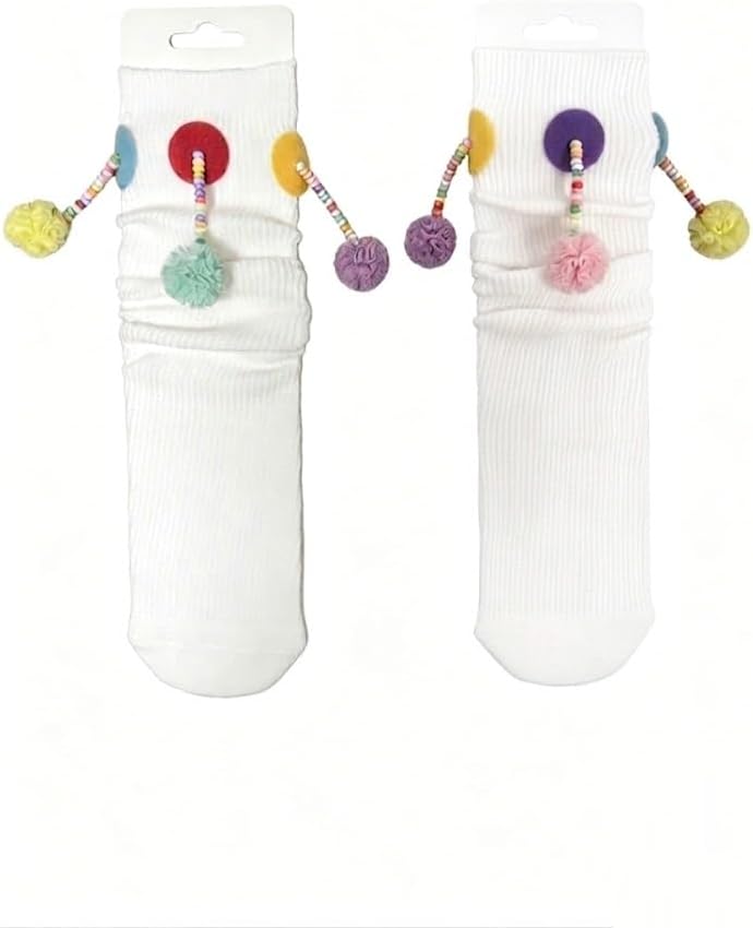 Girls' White Knee High Socks with Colorful Pom Pom and Bead Trim, Ribbed, Ages 3-9 Little Girls Decorative Socks, Soft Breathable Casual Home Socks Gift Sock, 1 Pair