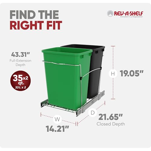 Image of Rev-A-Shelf Double Pullout Garbage Trash Cans for Kitchen Cabinets, 35 Qt